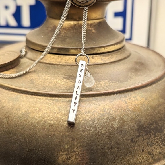 Sterling Silver & Quartz Rectangular Bar Inspirational Vertical Pendant Necklace - Picture 2 of 14